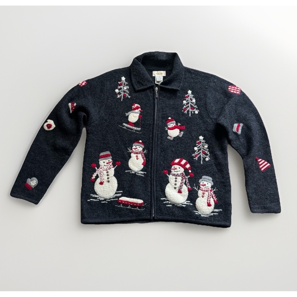 Talbots Christmas Gray Skiiing Snowman 100% Wool Sweater Zip Front Medium